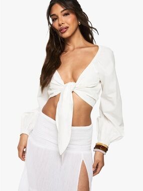 Plunge Tie-Front White Crop Top with Balloon Sleeves